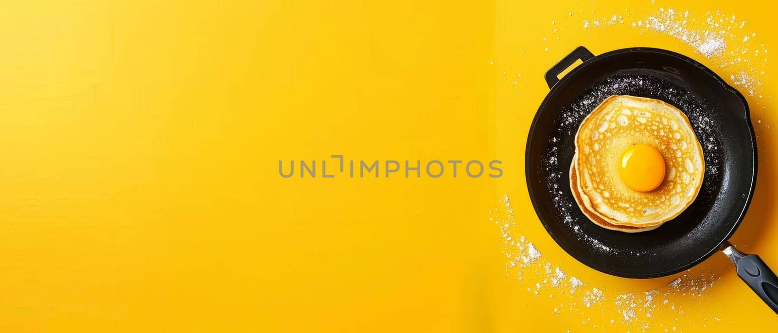 Artistic composition featuring a pancake with a perfectly centered fried egg, presented in a skillet on a bright yellow backdrop