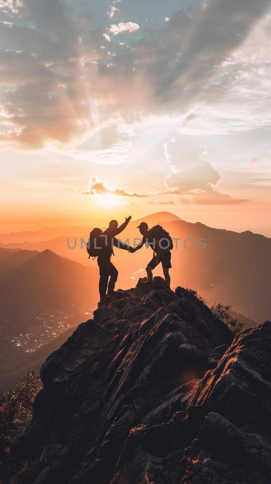 Two hikers achieve the summit and celebrate with a handshake against the stunning backdrop of a sunset sky and mountain silhouettes