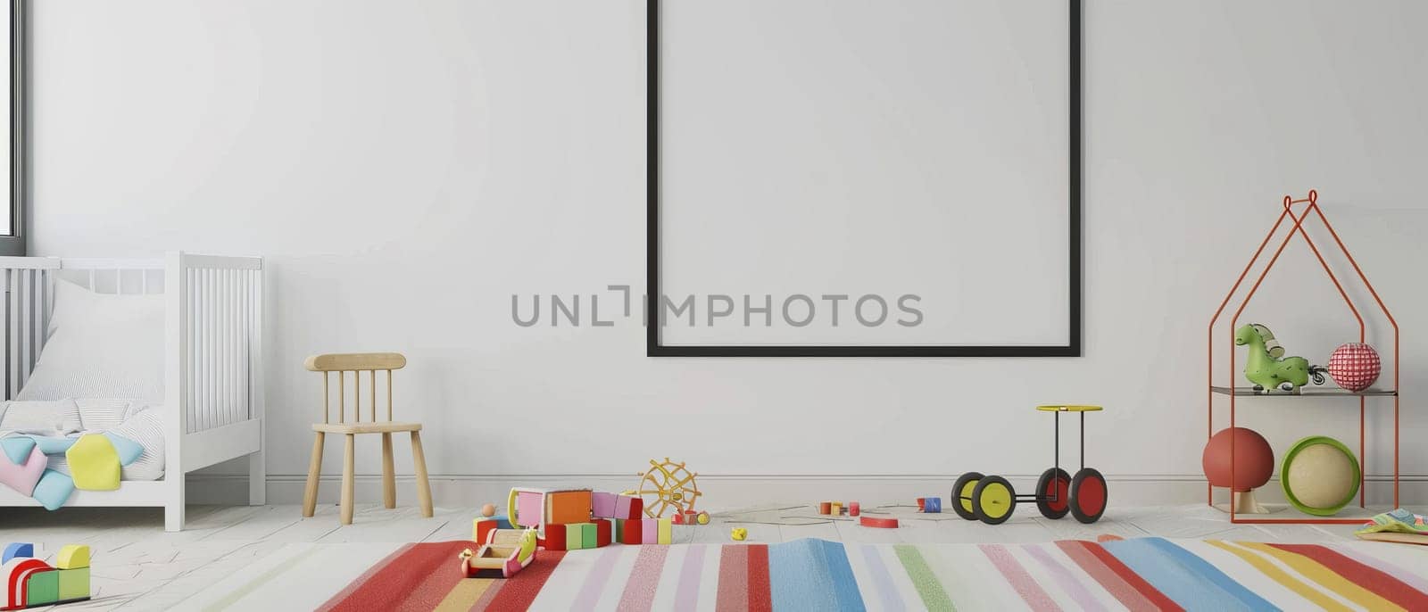 A minimalistic nursery space boasting a striking striped rug and an assortment of playful wooden toys, creating a backdrop for imagination