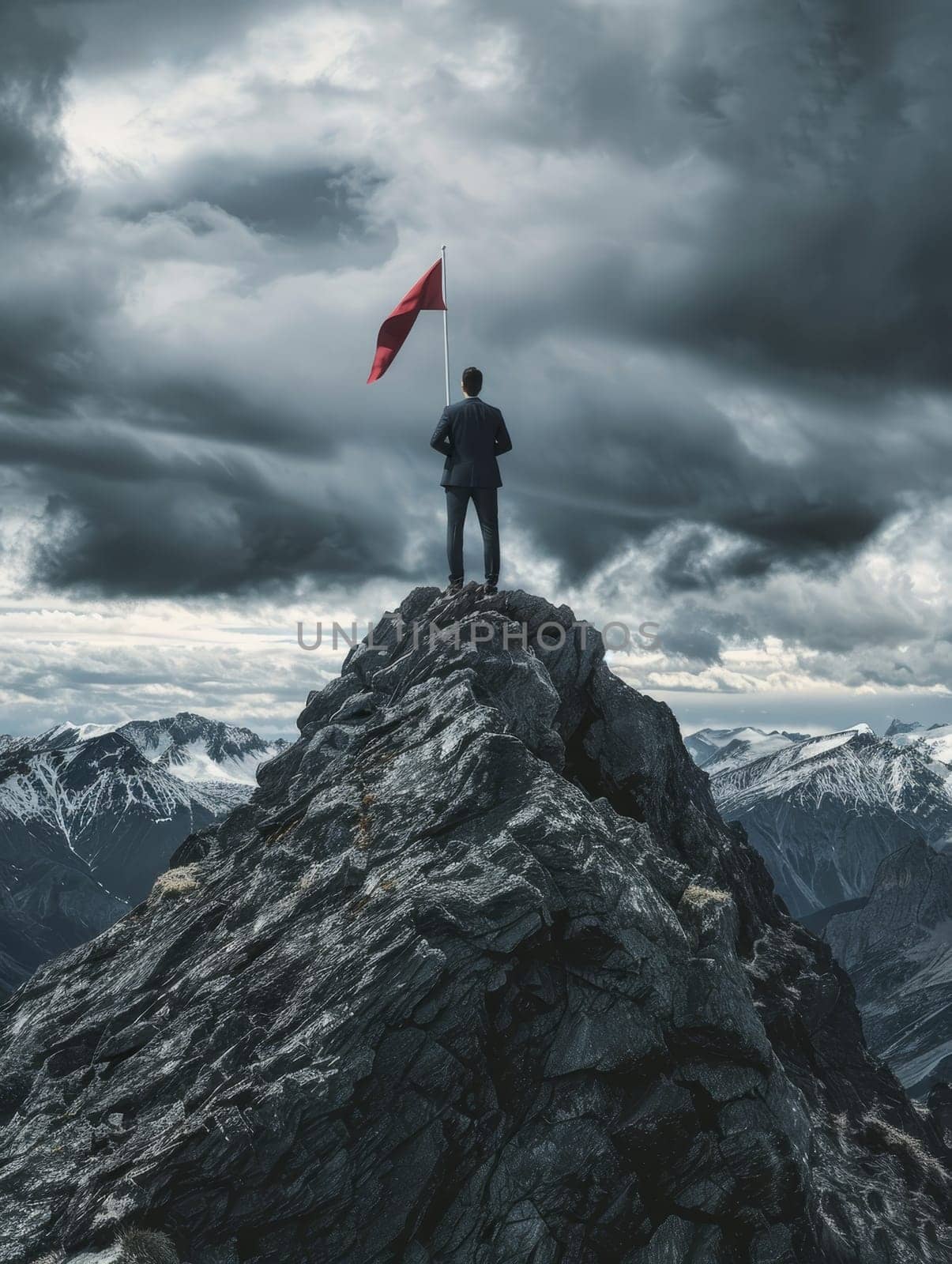 A businessman, victorious, stands with a red flag on a mountain summit, encapsulating success and leadership in a striking natural setting