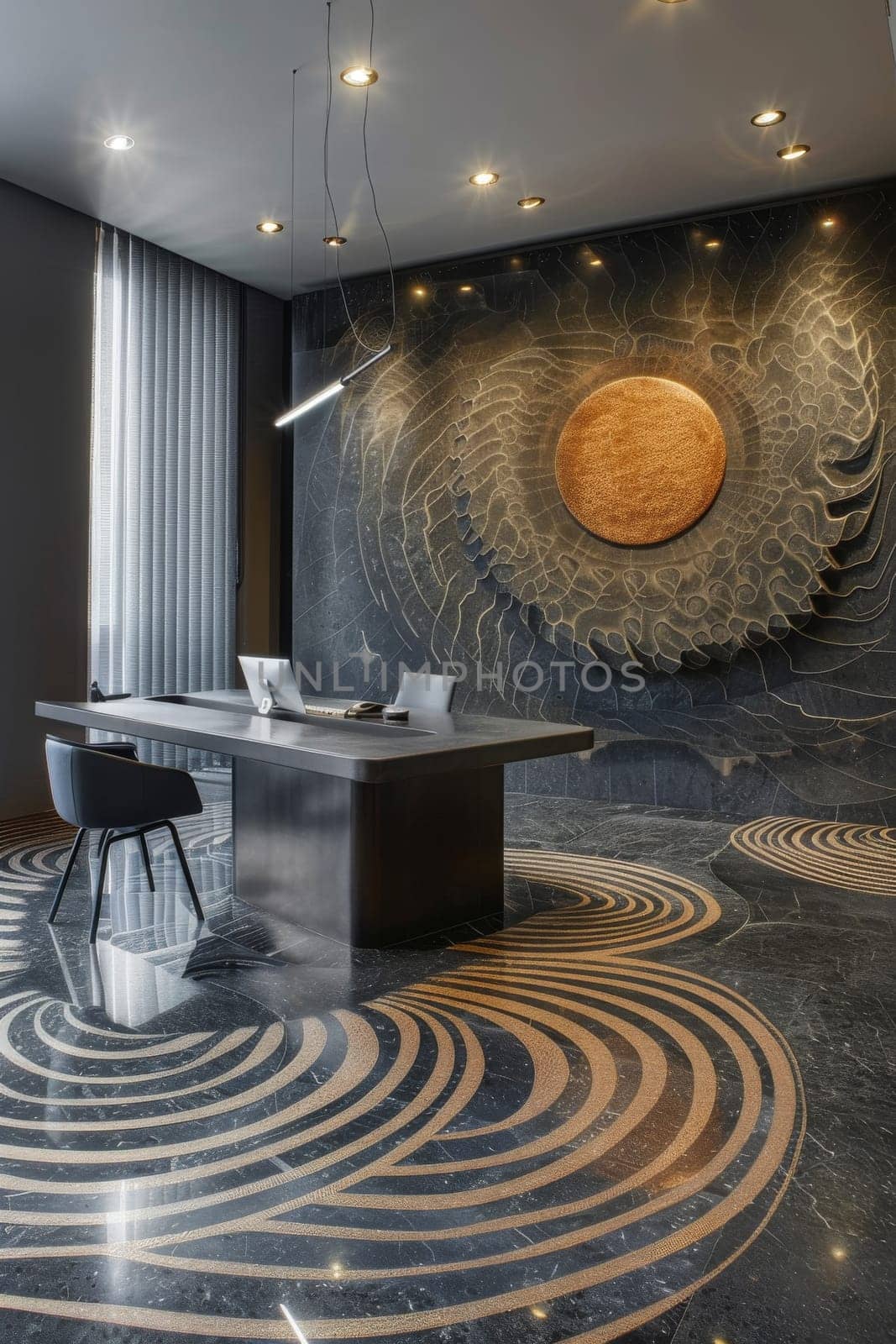 Modern office scene with an intricate layout pattern.