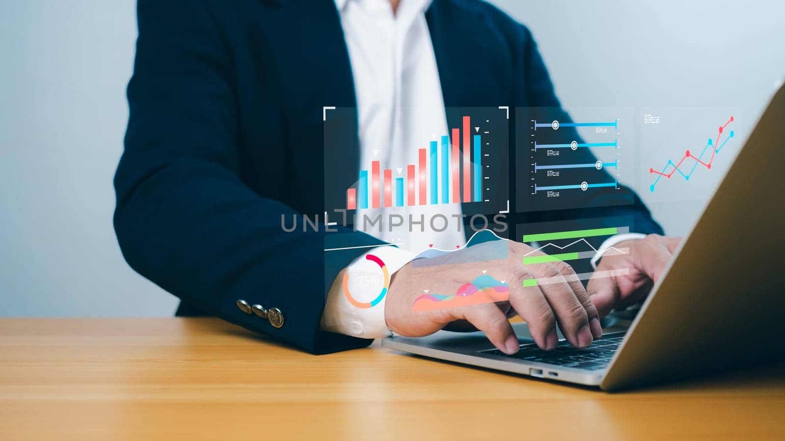 Strategic planning to increase sales profits, Businessman touching virtual screen Graph analysis of business growth and investment, long-term business plan.