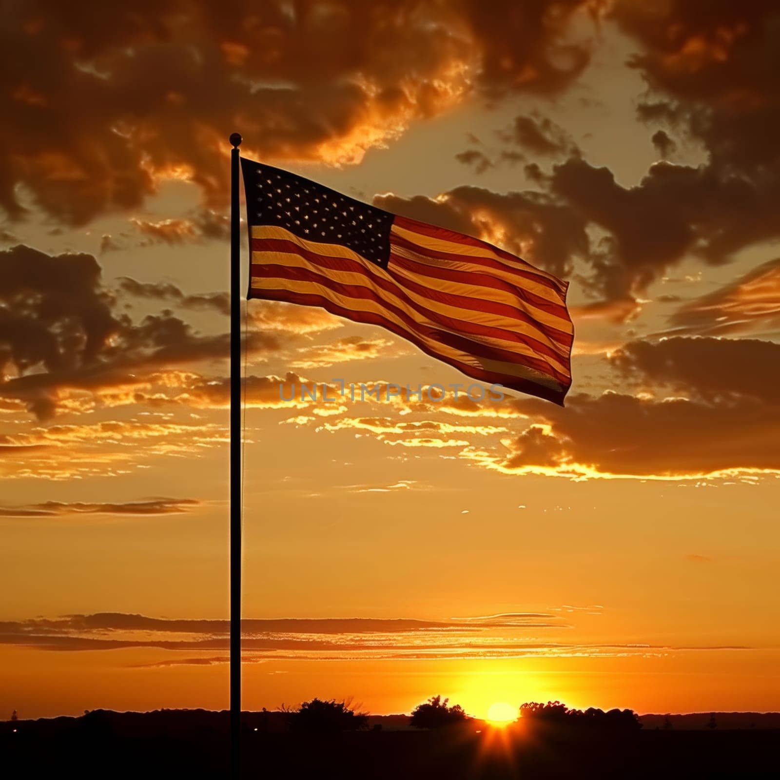 Silhouette of an American flag waving against a sunset sky.