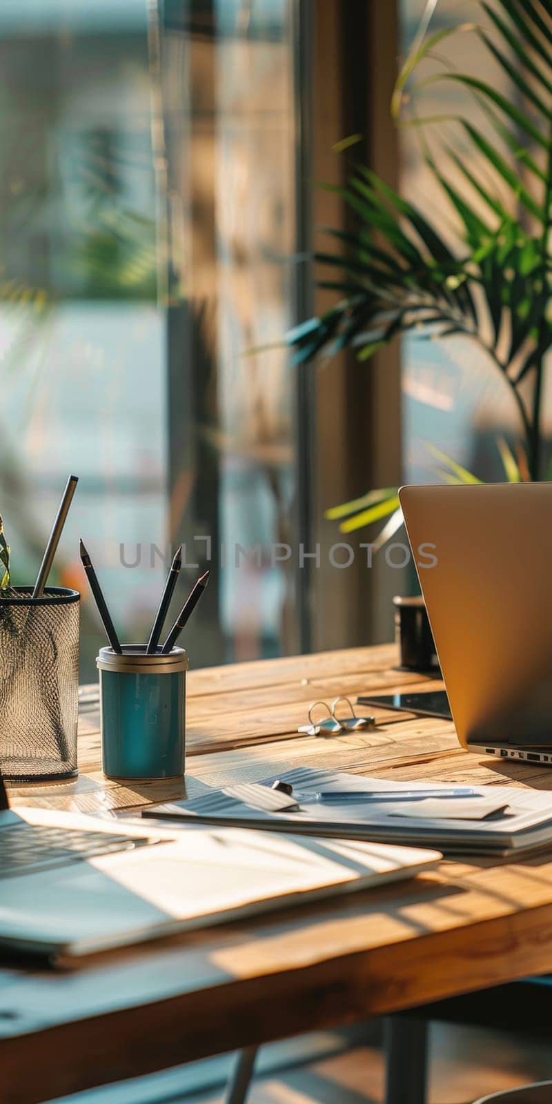 A desk with a laptop, a pen, a pencil, and a cup. The desk is in a room with a window and a potted plant. The scene is set up for work or study