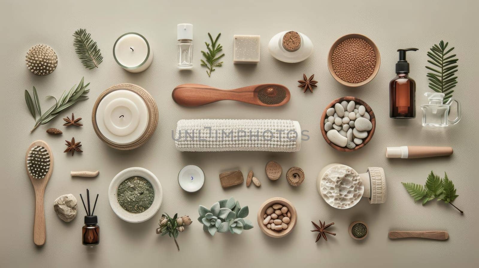 Structured arrangement of spa and relaxation essentials in a rhythmic grid pattern