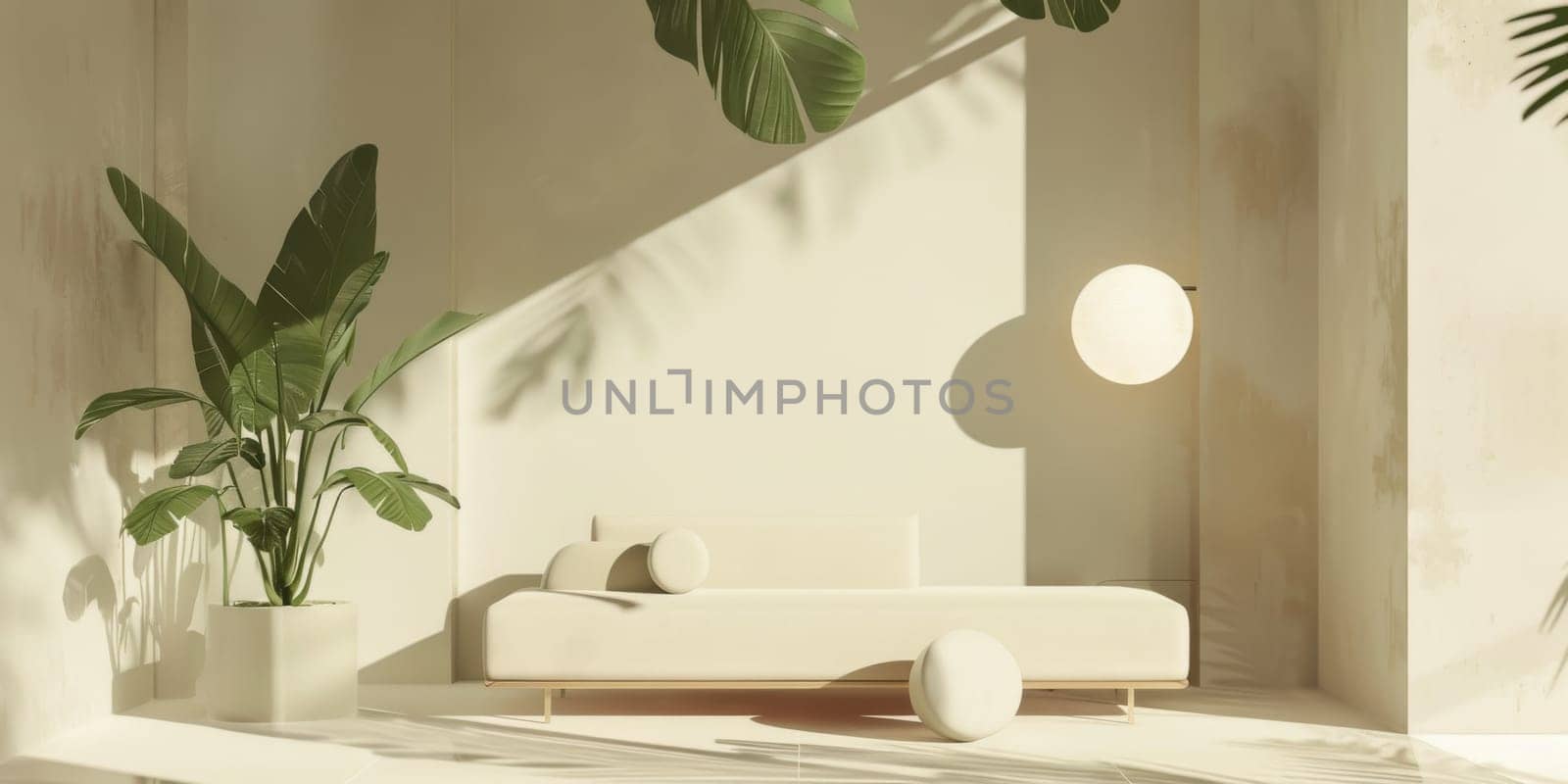 A white room with a white couch and a potted plant. The room is very clean and simple, with a lot of white and green elements