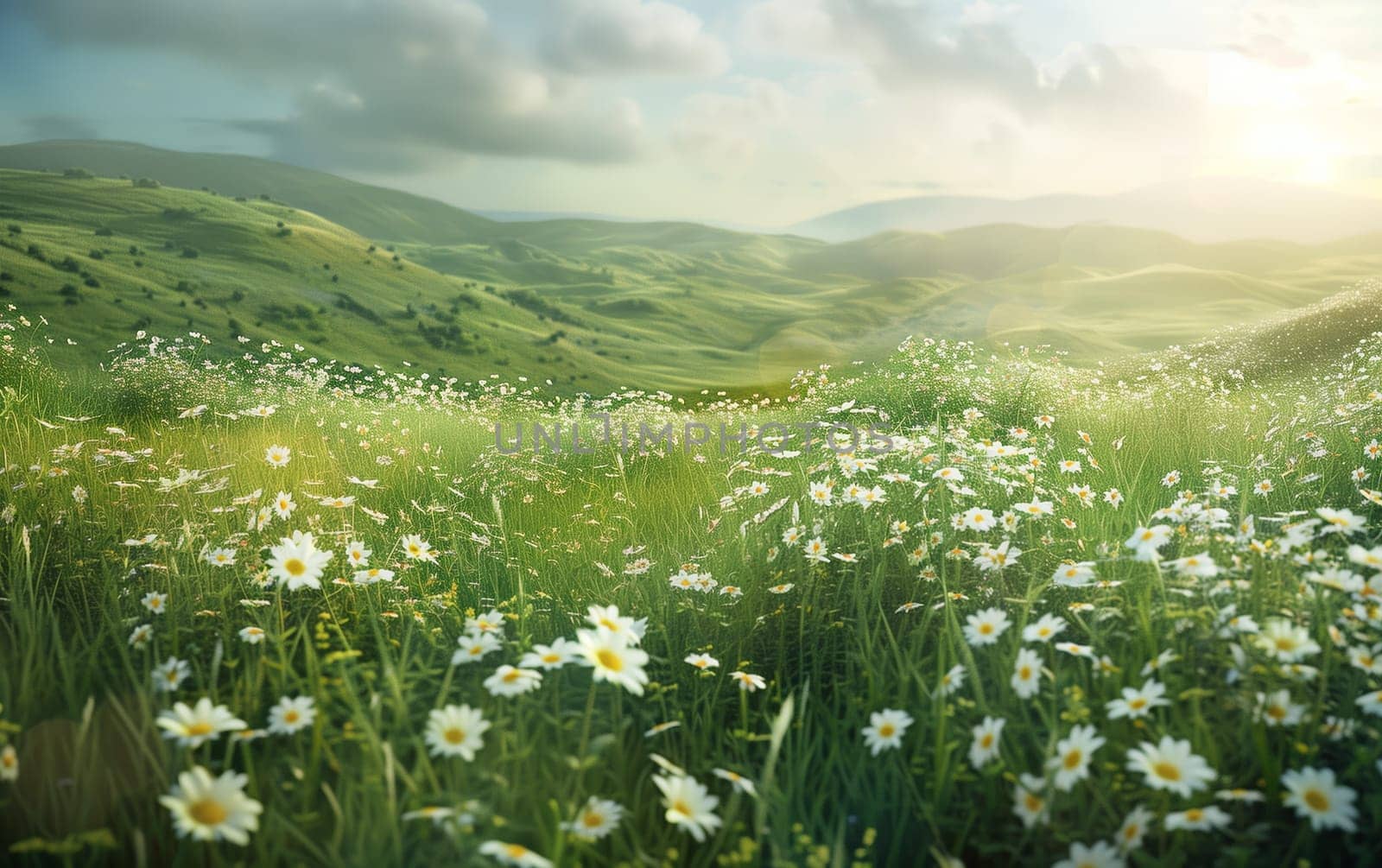 A vibrant meadow carpeted in blooming white daisies stretches out toward a range of softly rolling, distant hills, creating a serene, pastoral scene