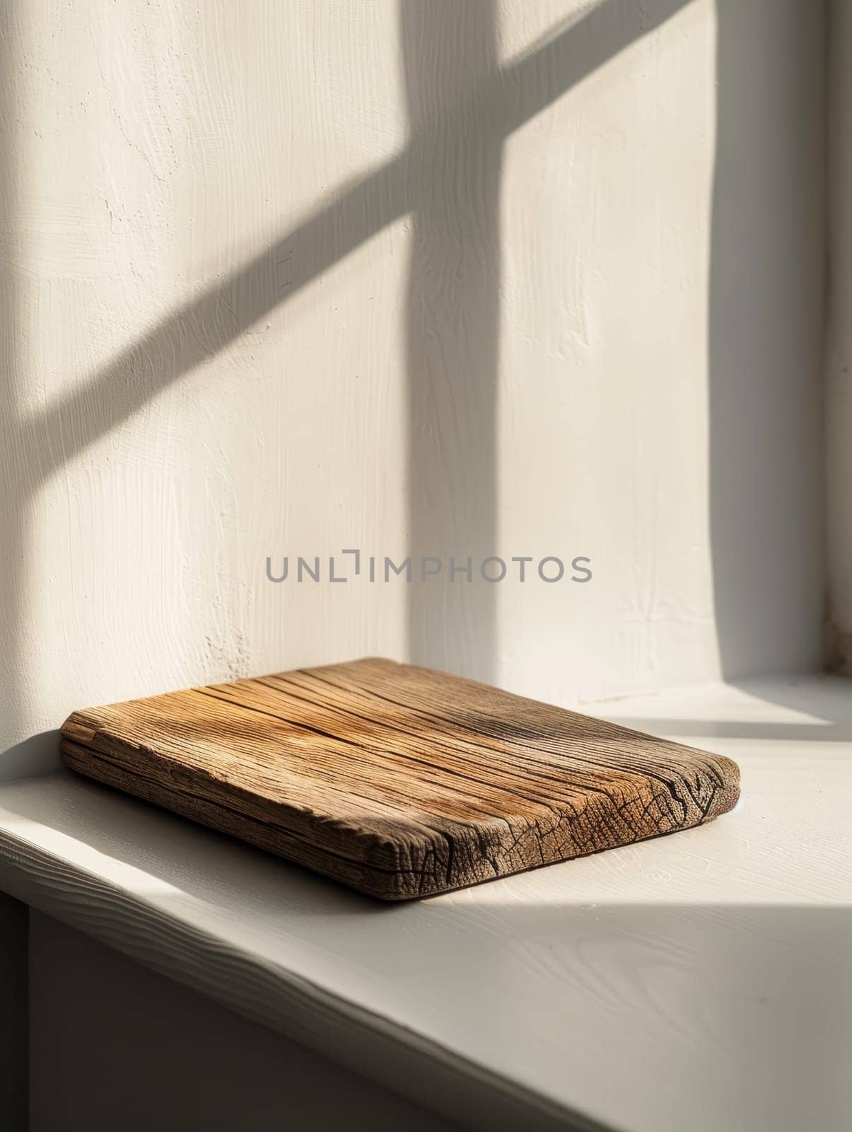 Delicate shadows form organic patterns on a wooden cutting board, enriching its textured surface with an ephemeral quality