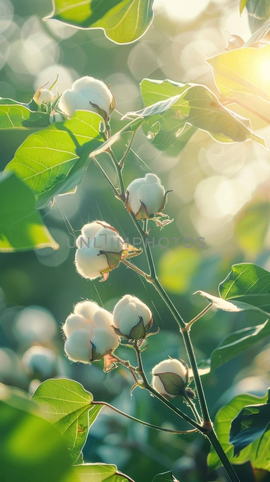 Delicate cotton flower in full bloom, surrounded by lush green leaves and illuminated by soft, diffused light