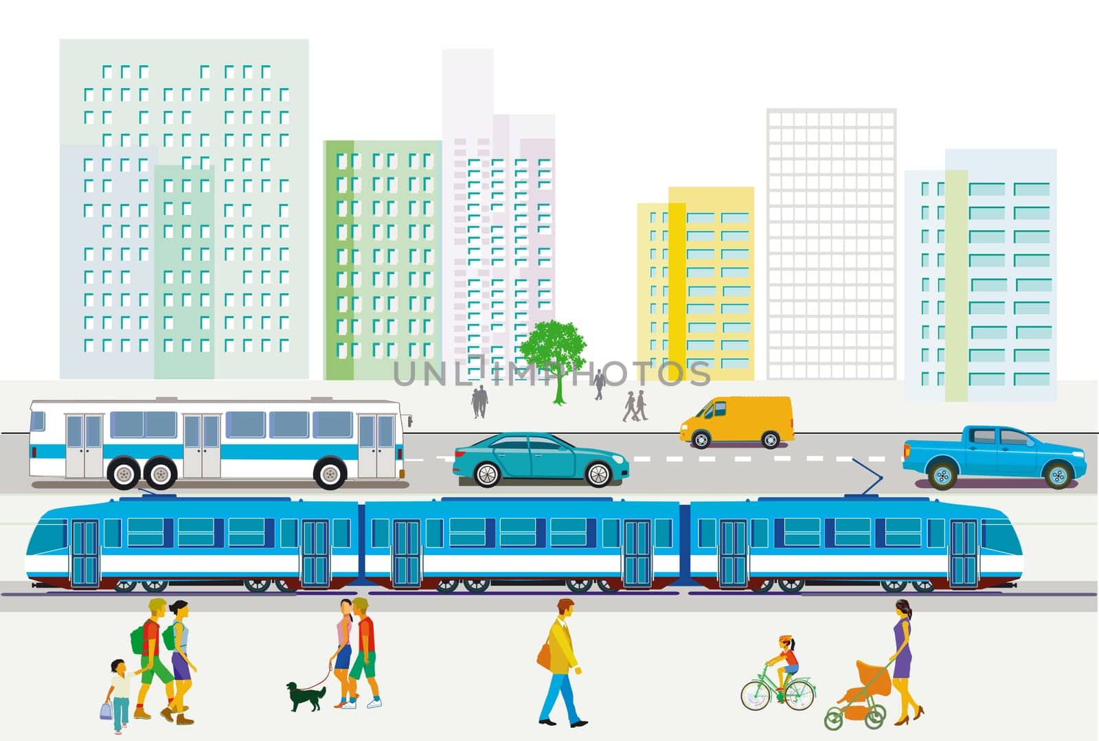 City overview with traffic and houses, illustration