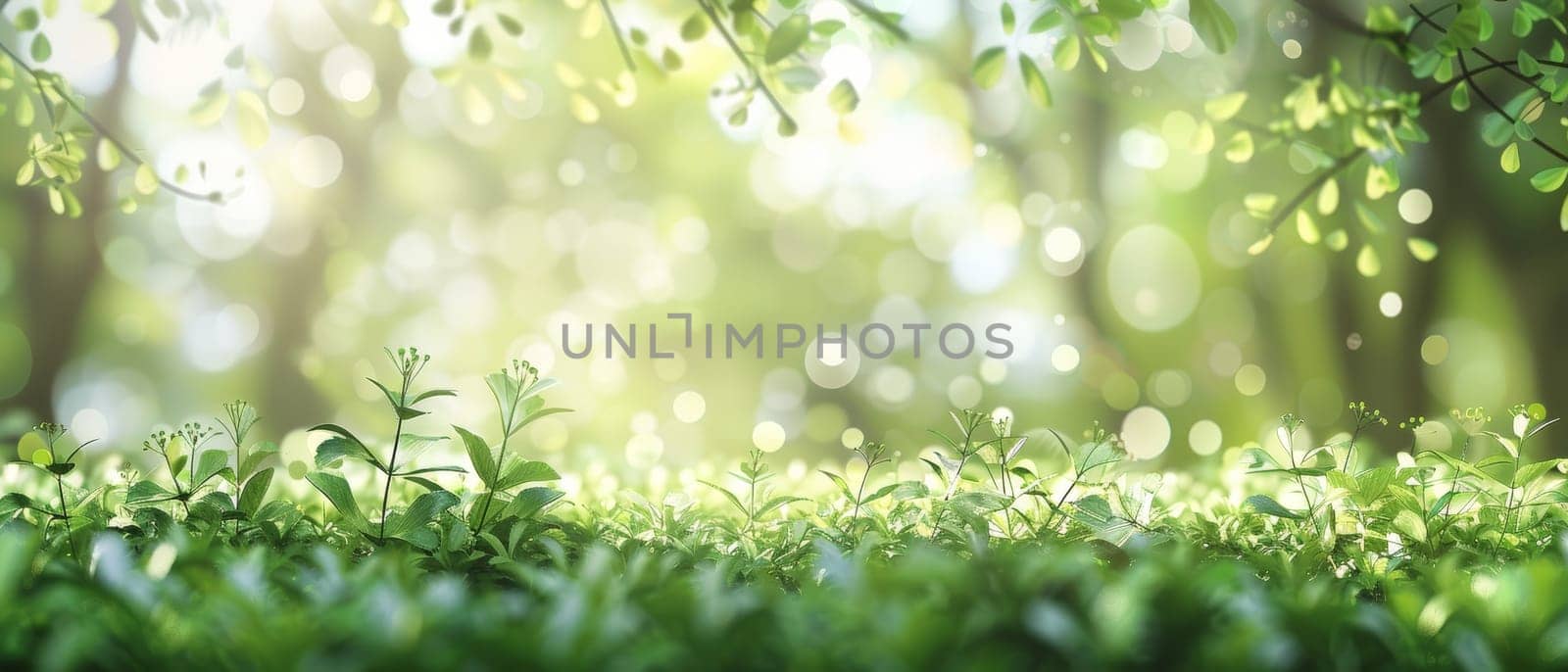 A serene and secluded forest scene, with a variety of lush plants and flowers basking in the warm, ethereal light, creating a sense of tranquility and wonder