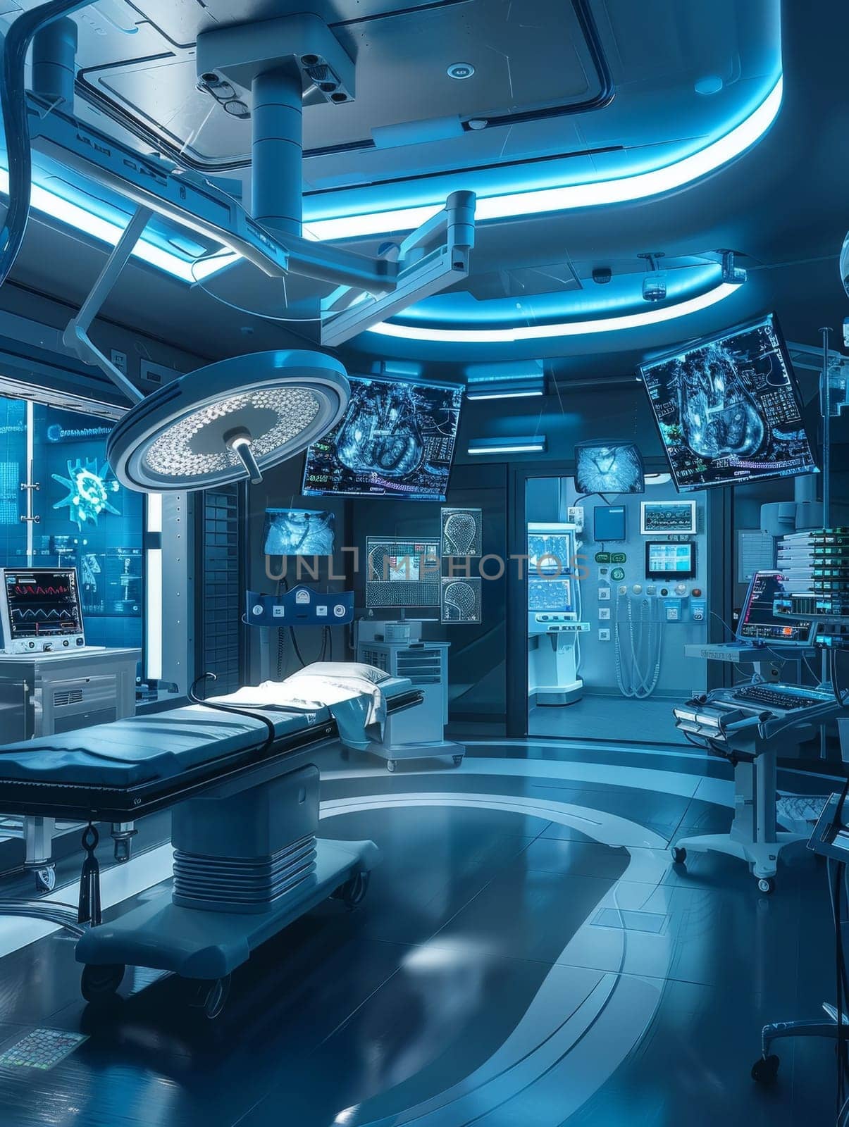 A highly sophisticated and futuristic medical imaging suite with state-of-the-art technology, displaying various diagnostic scans and data on large screens, all bathed in a cool blue-toned lighting.