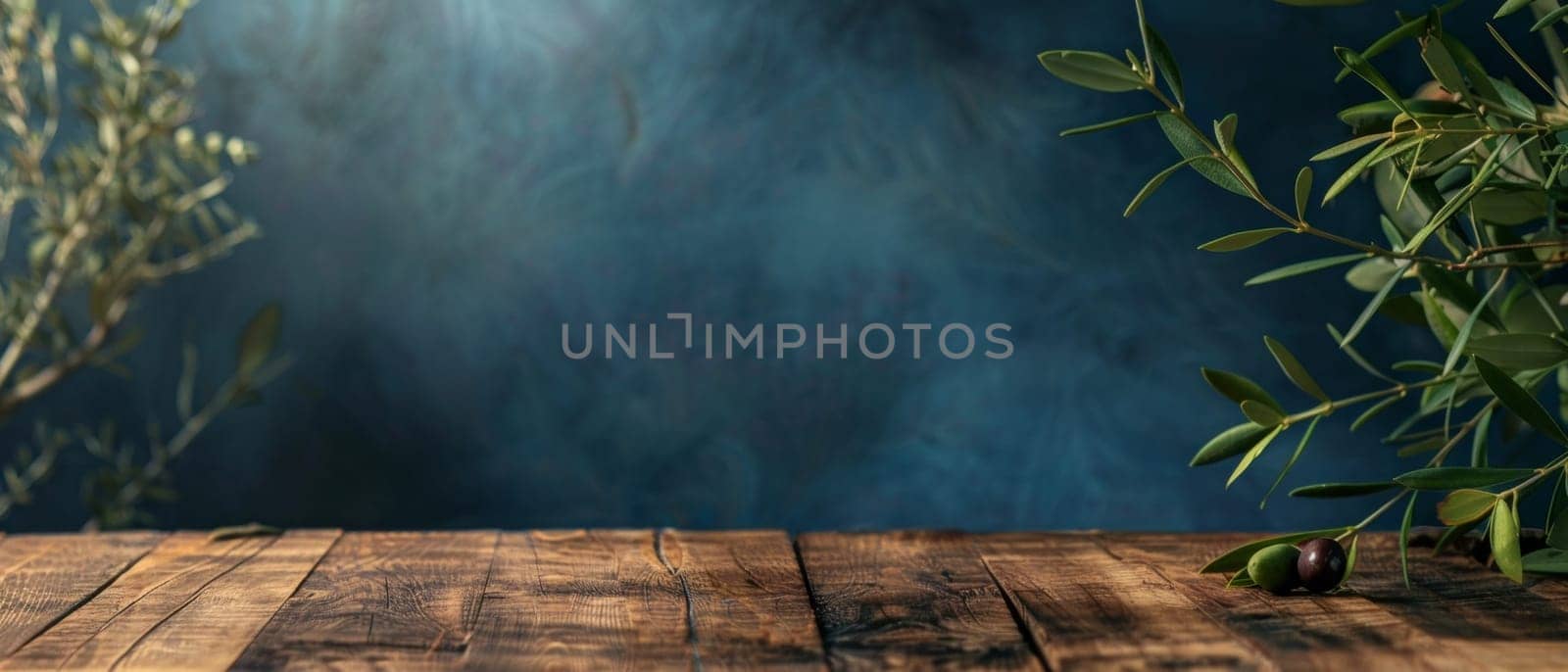An olive branch with dark berries sits on a wooden ledge, against a dramatic blue background with a moody ambiance