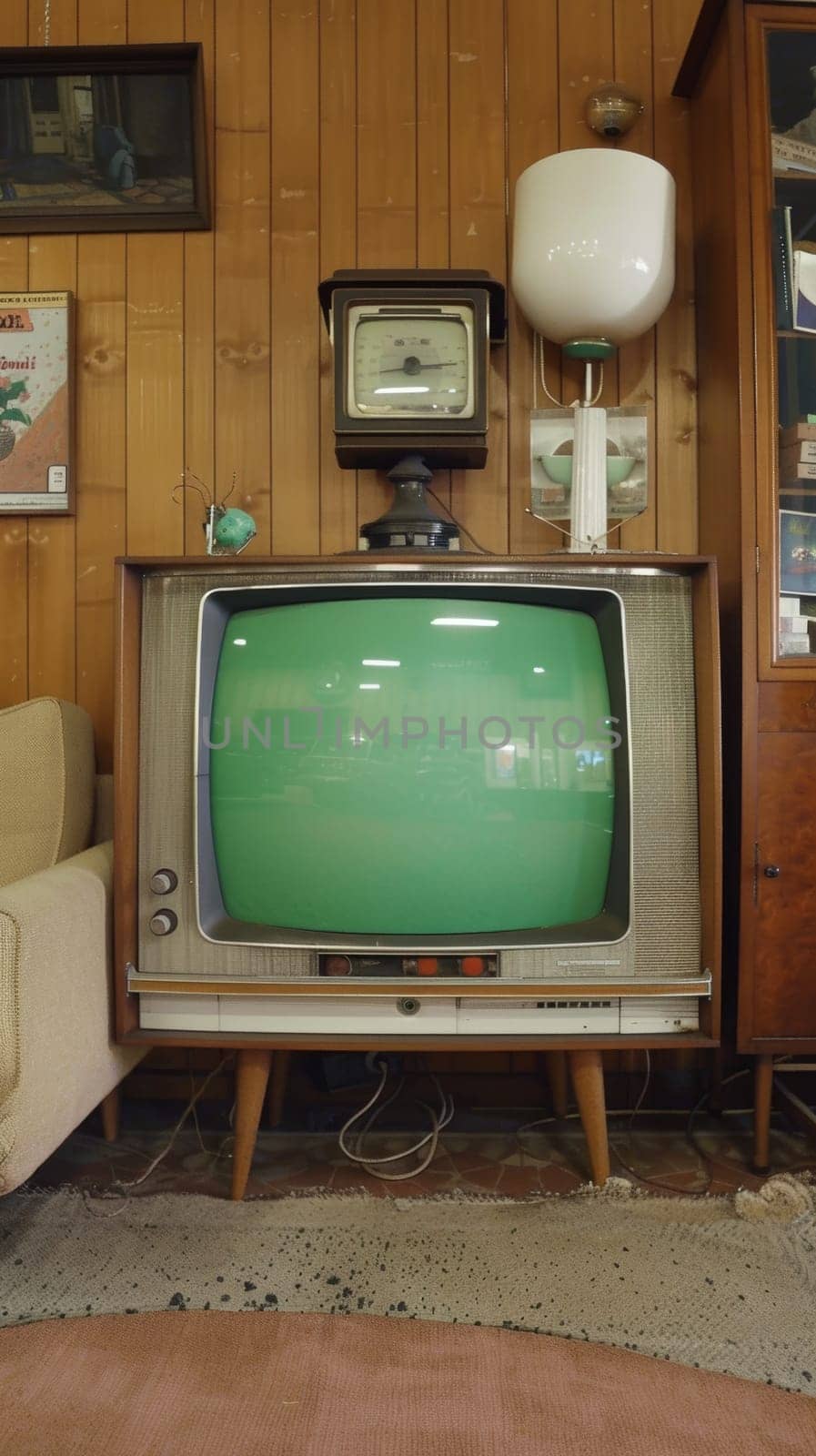 An old-style television set with a green screen positioned on a wooden floor against a panelled wall, evoking a sense of nostalgia with vintage decorations