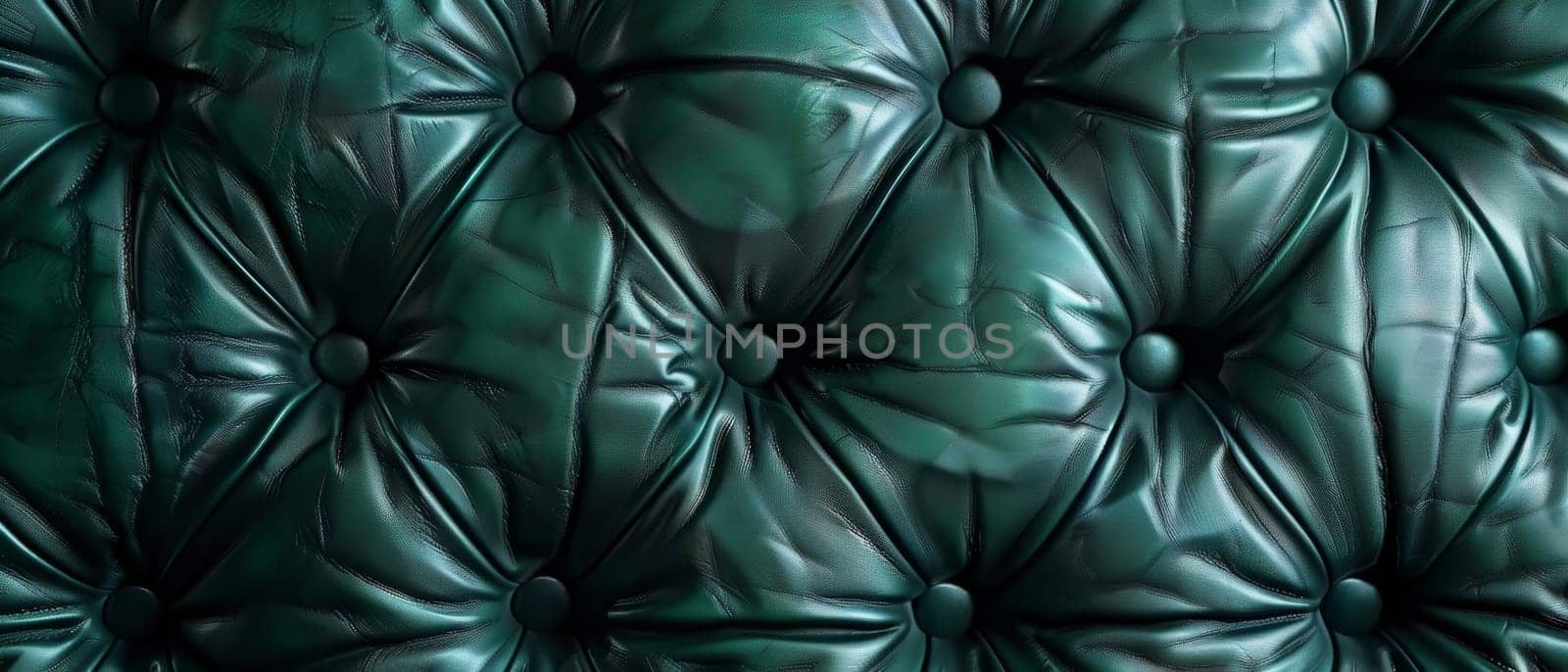 An exquisite close-up of a lush, tufted green leather surface, featuring a mesmerizing play of shadows, highlights and intricate stitching that creates a sense of depth and luxurious craftsmanship