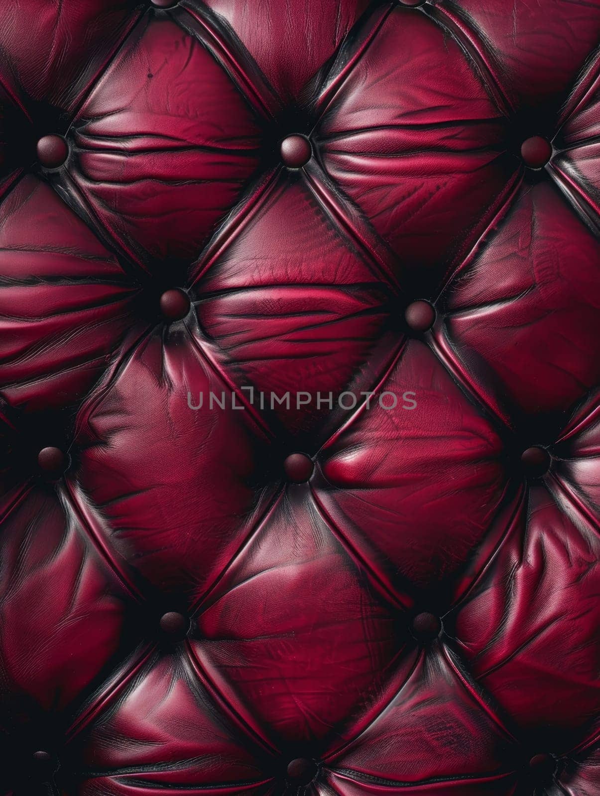 Striking close-up of a sumptuous burgundy leather surface, showcasing its intricate tufted pattern and rich, velvety texture. Deep, jewel-toned hue and meticulous stitching details create an opulent.
