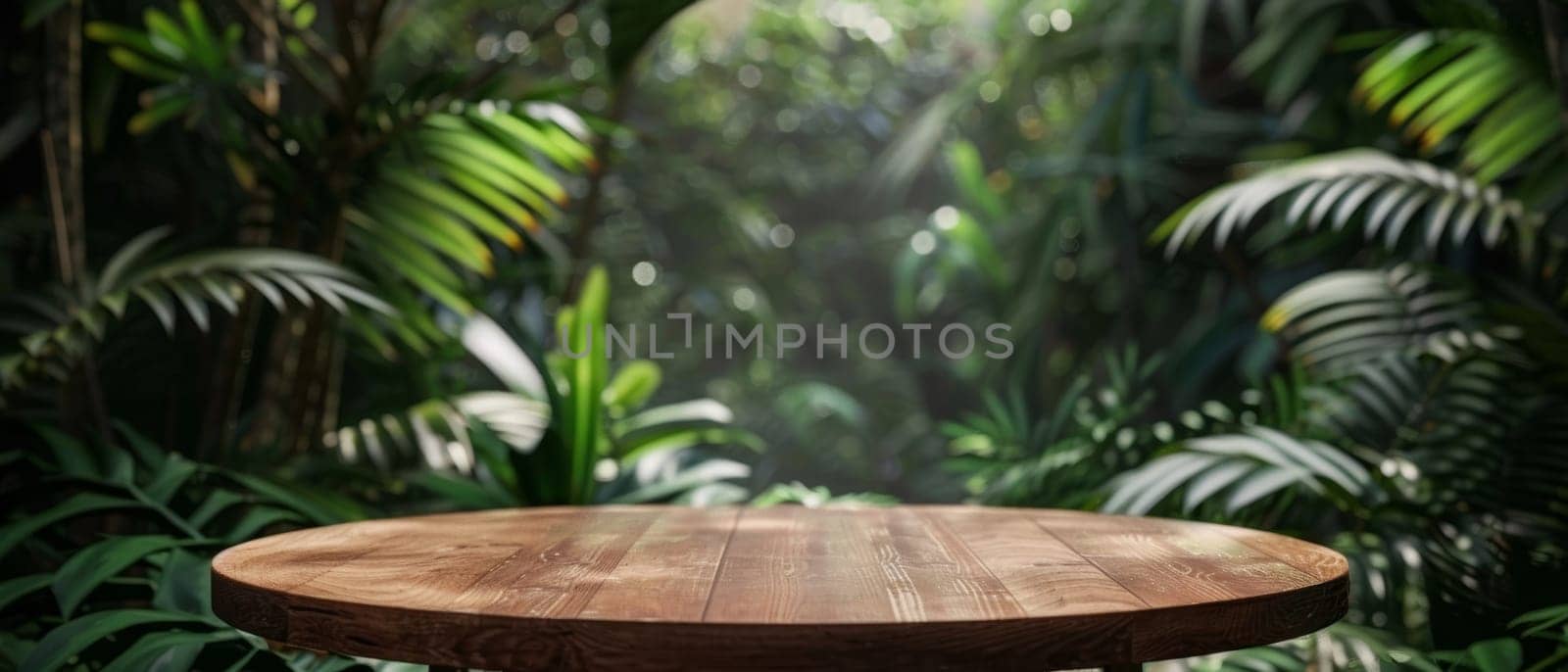 A wooden podium against a lush, green tropical leaf backdrop, ideal for product display