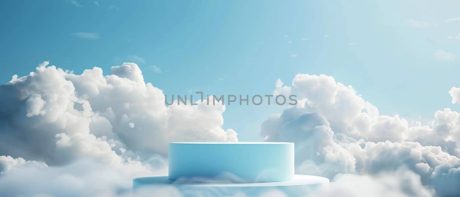 An inviting light blue podium stands under a calm sky, surrounded by soft, fluffy clouds, offering a dreamy platform for showcasing products