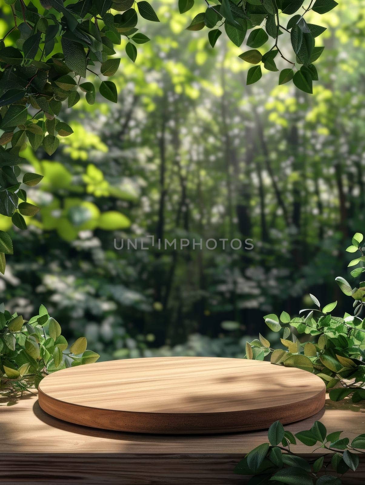 A wooden podium against a lush, green tropical leaf backdrop, ideal for product display