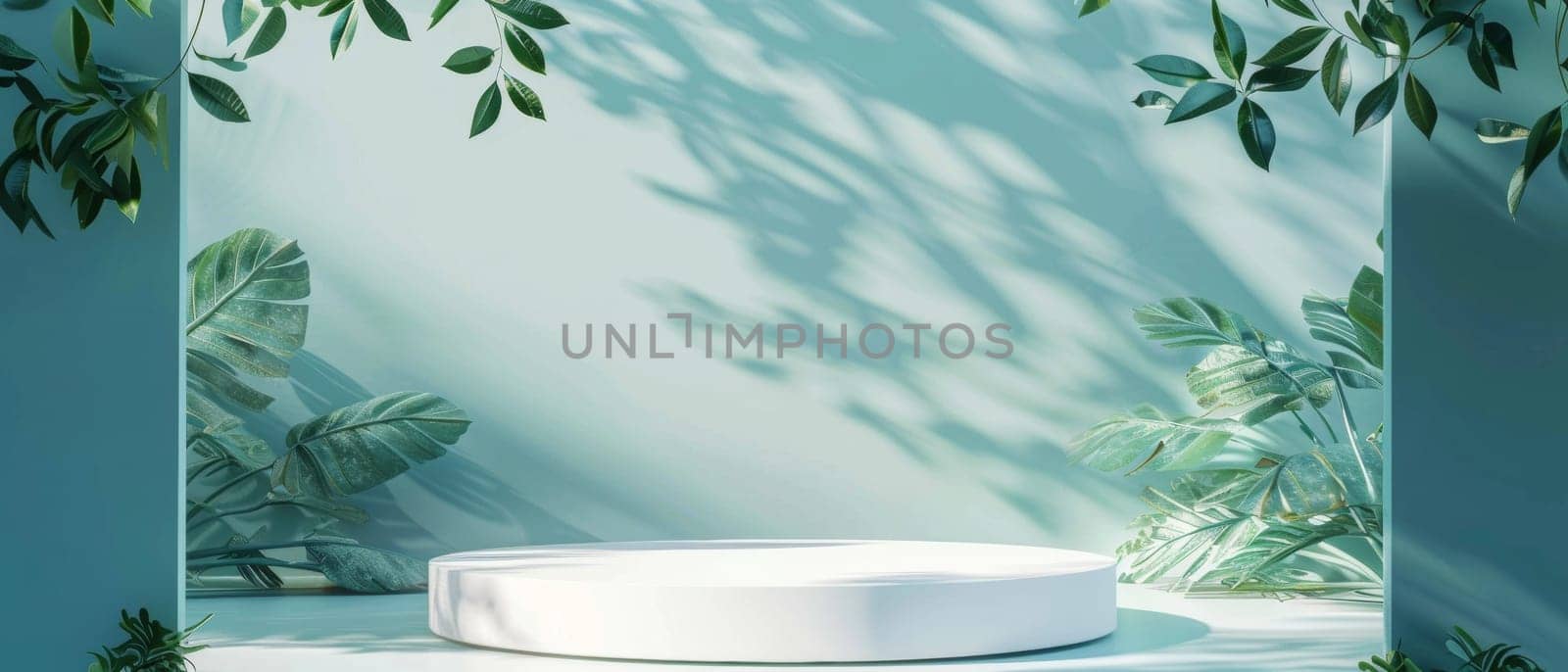 An inviting display podium surrounded by lush green leaves, bathed in soft sunlight filtering through a teal sky