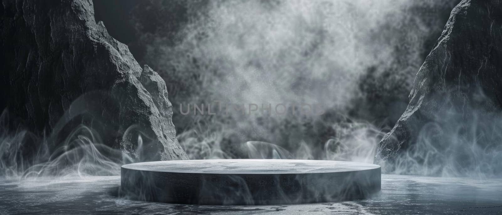 A dark stone podium stands prominently in the foreground, a symbol of nature's austere beauty amidst a foggy, mountainous backdrop
