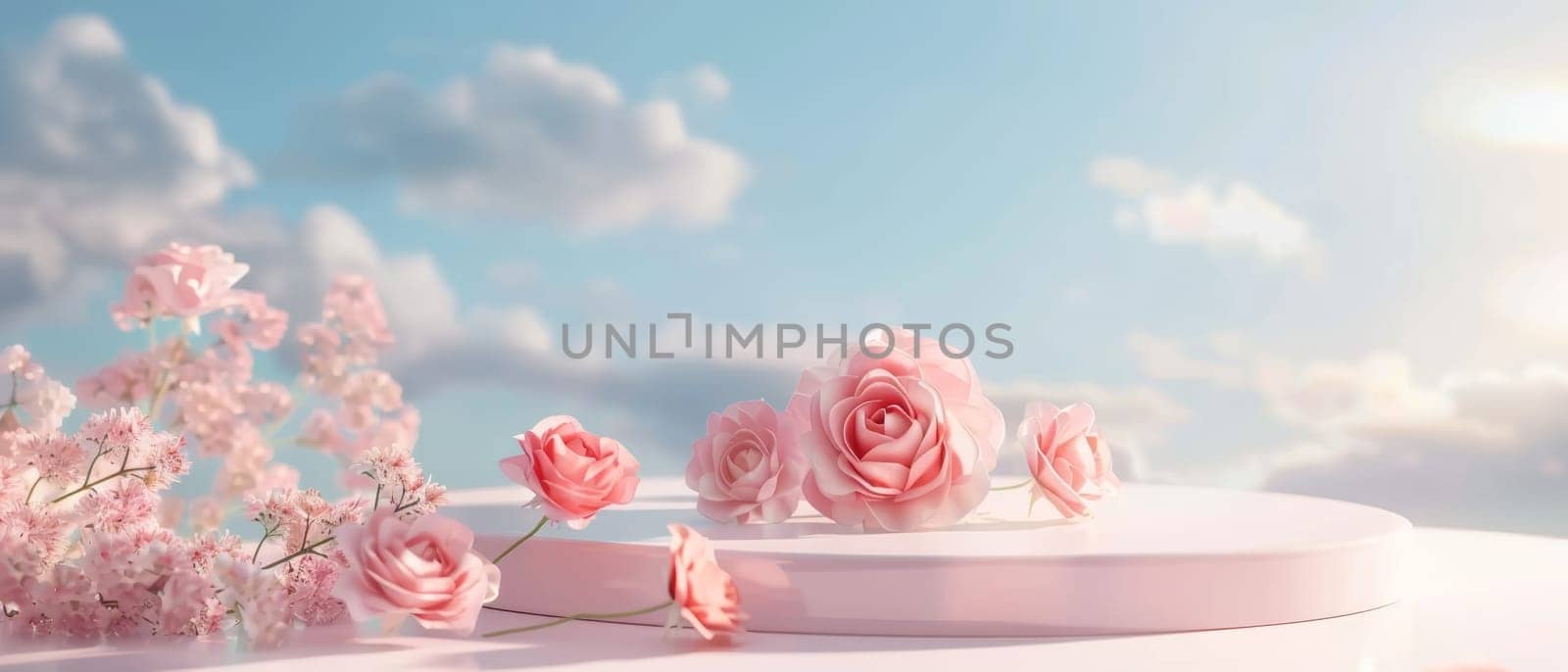 A charming pink podium decorated with elegant roses set against a soft blue sky with scattered clouds, ideal for product display