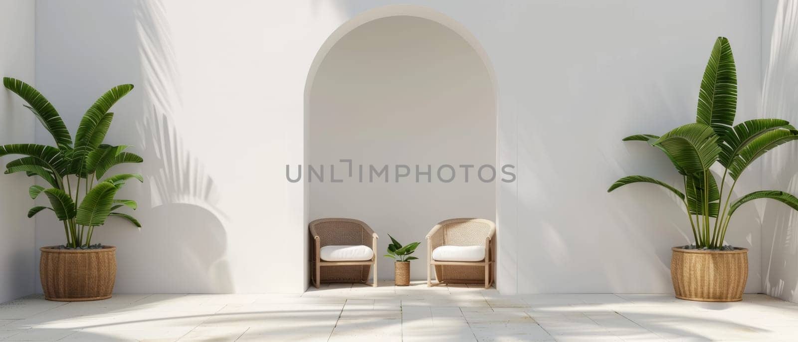 A serene tropical sanctuary with plush rattan furniture and lush potted palms, creating a calming and inviting space for relaxation and contemplation