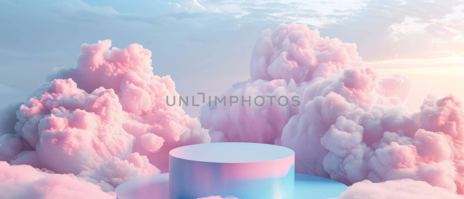 A white podium stands amidst a sea of pink-hued clouds, touched by the warm glow of a sunset, creating a surreal environment for product displays