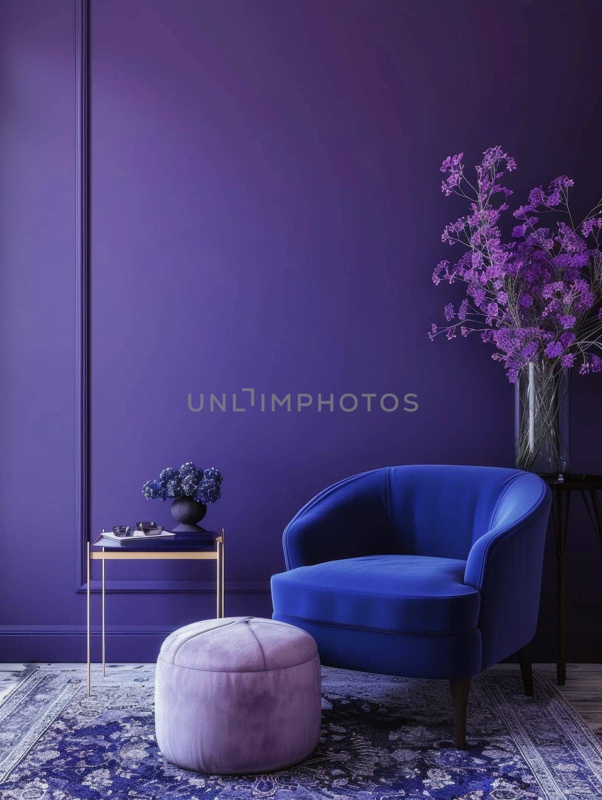 An alluring living room with a bold purple color scheme, featuring a deep indigo velvet armchair, a sleek wooden side table, and a striking bouquet of vibrant purple flowers