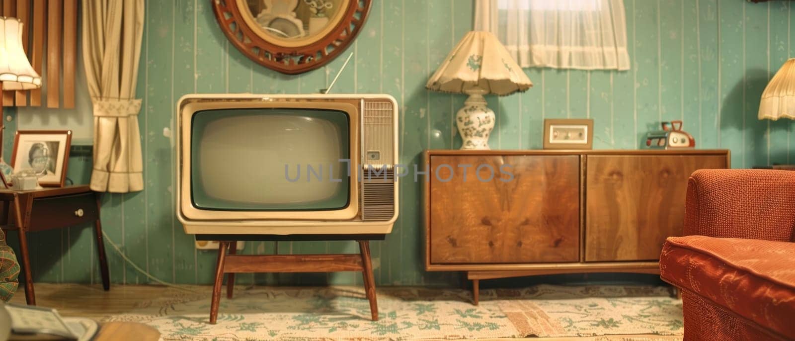 A chic living space highlighted by a vintage television with a green screen, surrounded by mid-century furniture and elegant decor elements