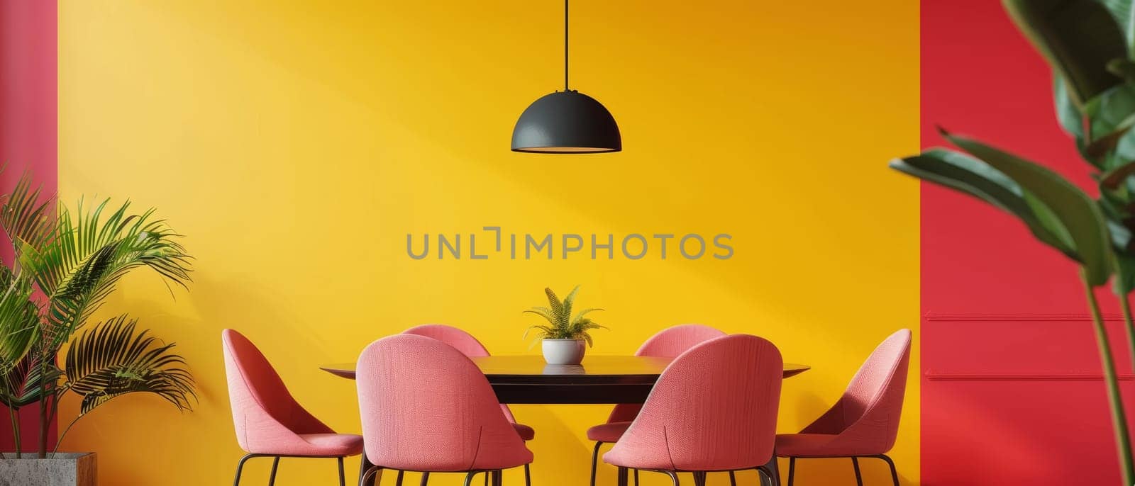 A lively and colorful dining space, featuring a striking combination of red and yellow walls, a black pendant light, and a wooden table surrounded by plush pink chairs