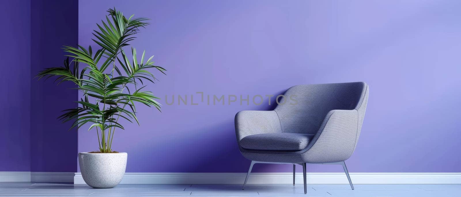 A lush, tropical potted palm plant stands in a vibrant violet room, adding a touch of natural greenery and tranquility to the contemporary, minimalist interior