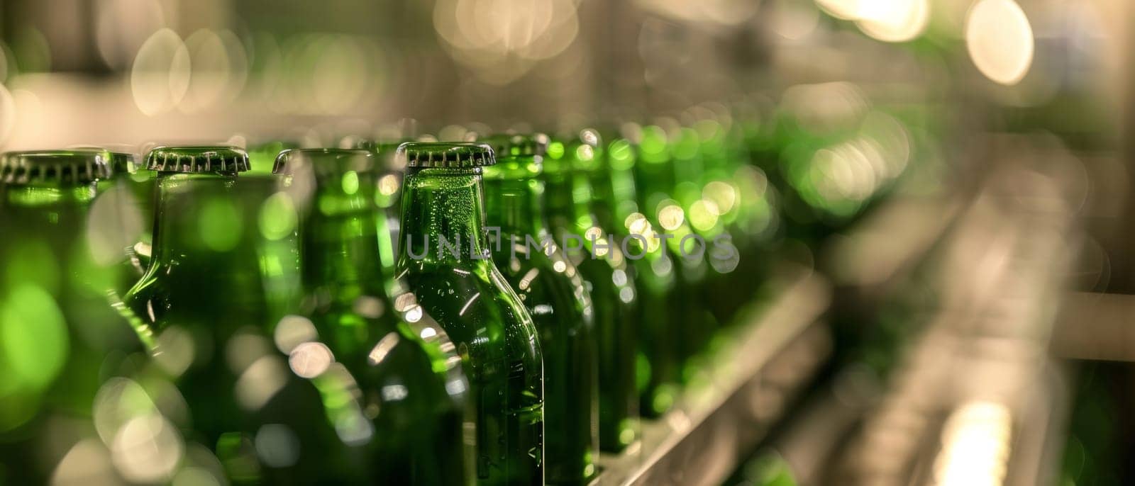 Perspective view of green beer bottles on an industrial conveyor, glowing in the warm golden light of the factory