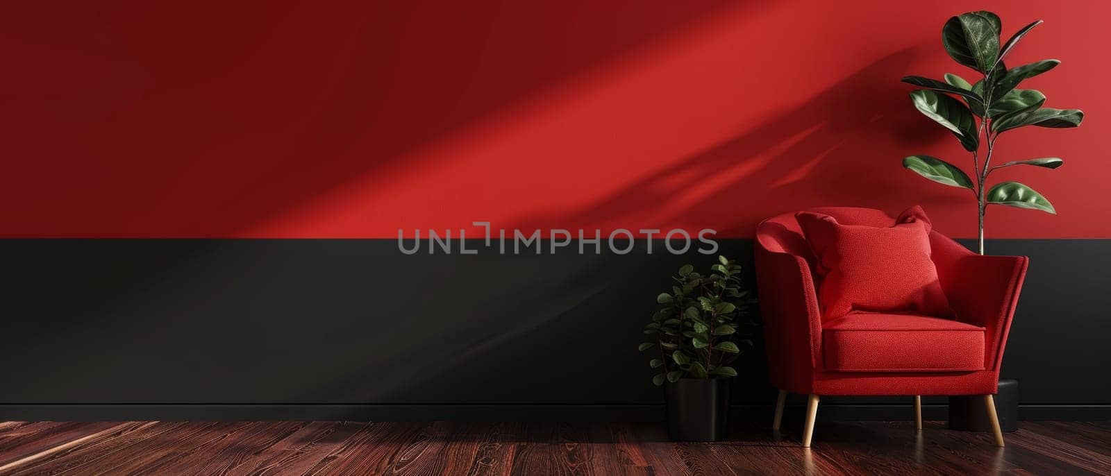 A thriving, lush potted plant stands out against a vibrant, deep red wall, creating a visually striking juxtaposition of natural greenery and bold, dramatic color