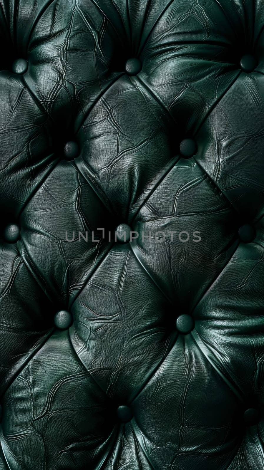 A stunning close-up of a tufted green leather surface, featuring deep, lush hues, intricate stitching patterns and shimmering highlights that create an exquisitely luxurious and tactile texture