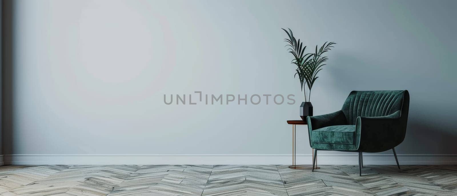 This serene interior setting features a cozy emerald green armchair paired with a potted plant, creating a tranquil and inviting atmosphere against the moody teal backdrop