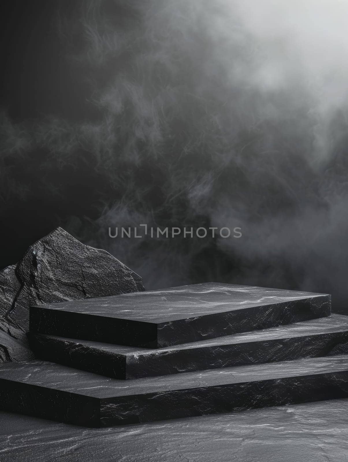 A dark stone podium stands prominently in the foreground, a symbol of nature's austere beauty amidst a foggy, mountainous backdrop