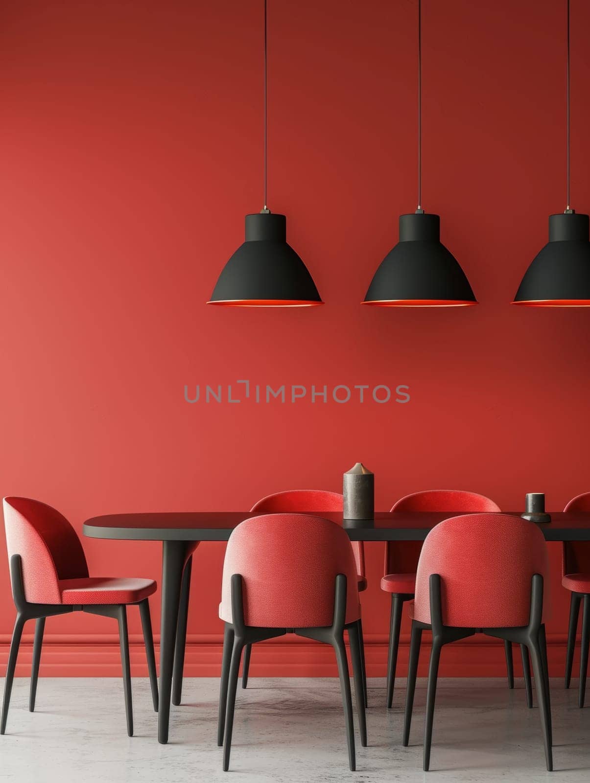 Three black dome-shaped pendant lights hang elegantly over a red dining table, casting a warm glow and modern industrial vibe to the space