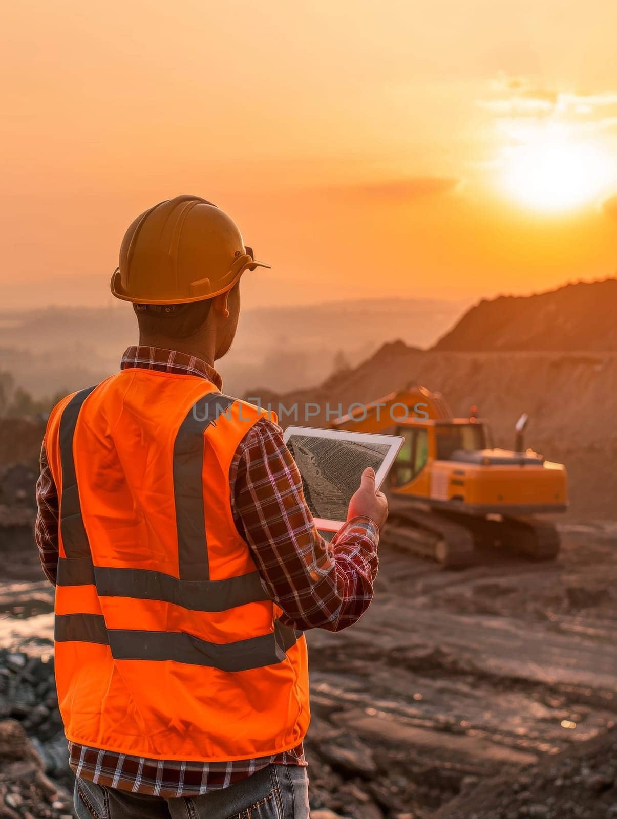 Back view of a construction manager in a reflective orange vest, holding a tablet at a quarry with a sunrise backdrop