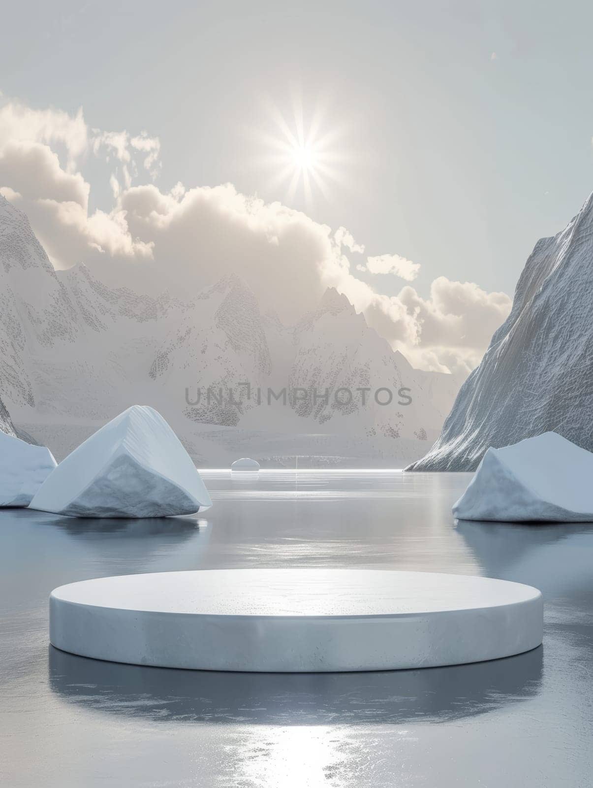 A tranquil scene showcasing a circular podium on a frozen lake, surrounded by icebergs and snow-covered mountains under a soft-lit sky