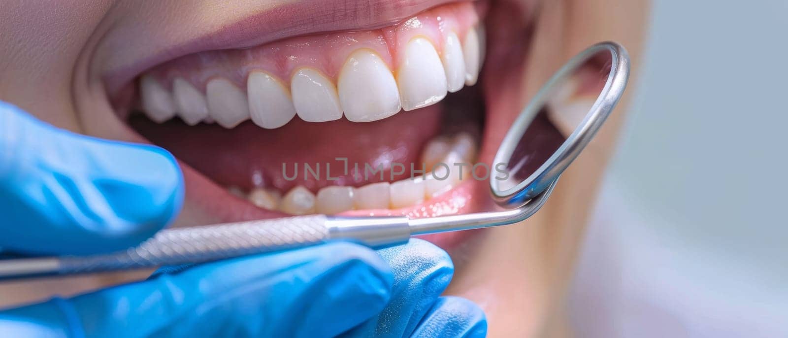 Dentist's focused inspection of healthy teeth and gums, with a mirror and dental probe in a brightly lit clinic setting