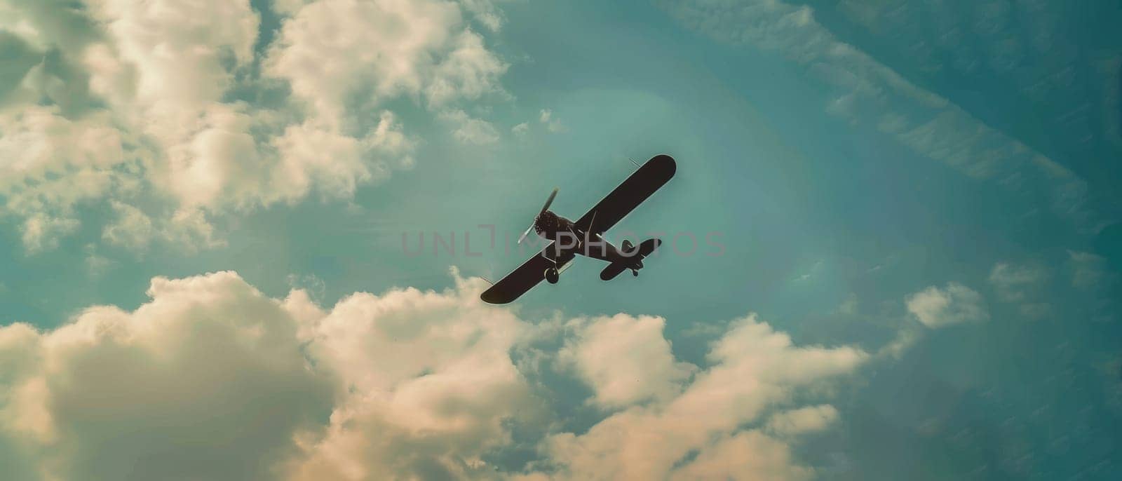 A classic bi-plane climbs through a sky streaked with clouds, evoking a sense of exploration