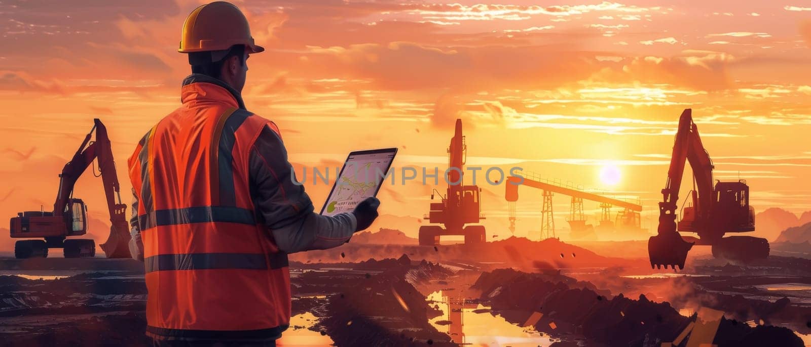 An engineer in orange safety attire uses a tablet at a construction site, with cranes and excavators under a dramatic sunset