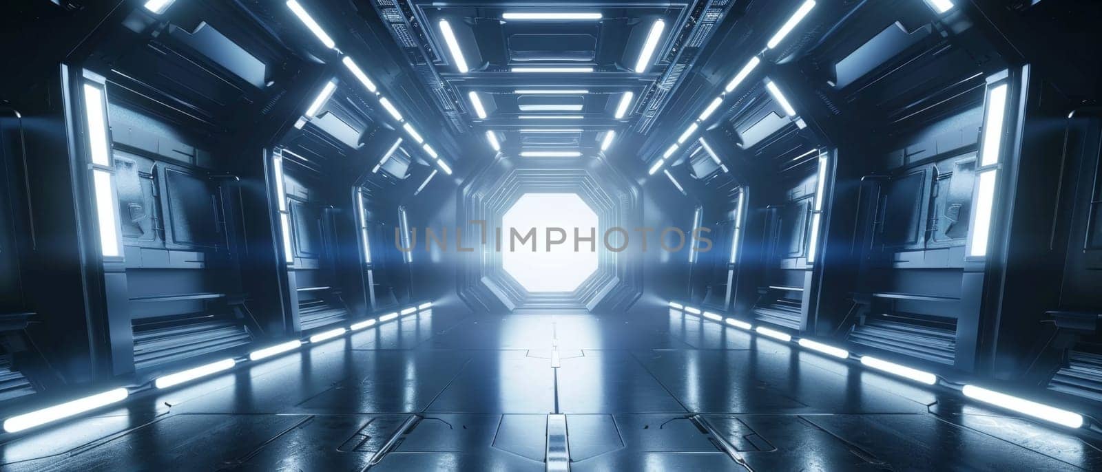 Sci Fi Tunnel on the Alien Spaceship. Glowing Metal Corridor with Cinematic Neon and Fluorescent Lights - shallow detail focus. 3D Rendering Futuristic Construction Space for Wallpaper and Background