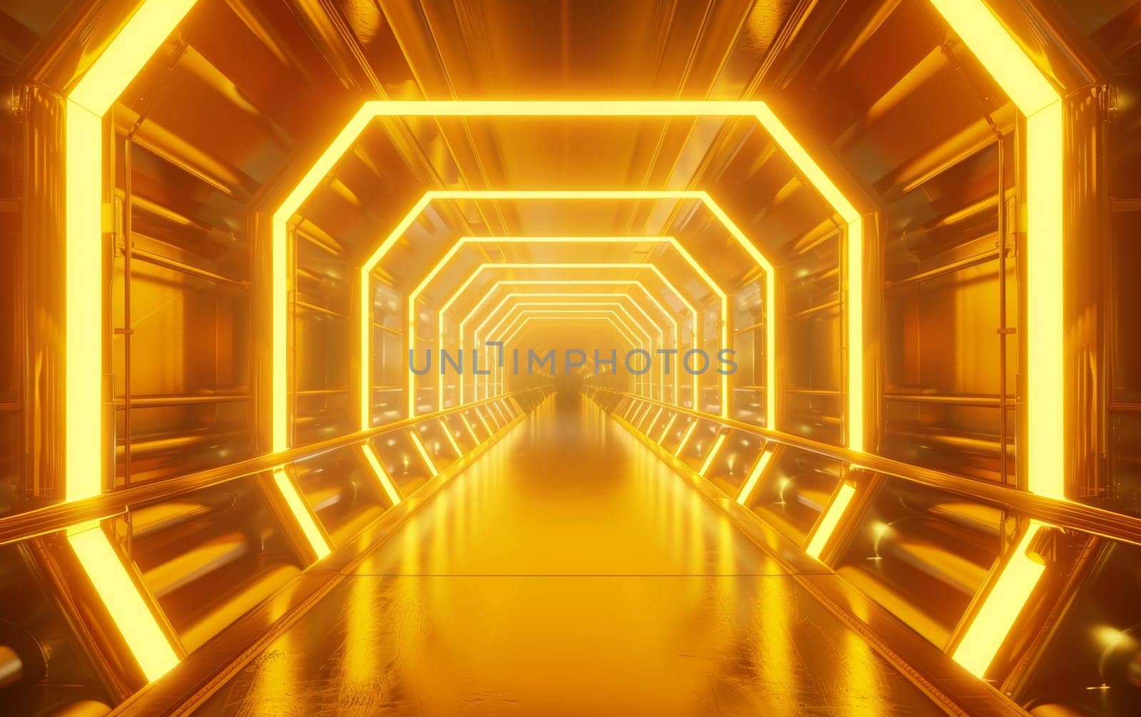 Sci Fi Tunnel on the Alien Spaceship. Glowing Metal Corridor with Cinematic Neon and Fluorescent Lights - shallow detail focus. 3D Rendering Futuristic Construction Space for Wallpaper and Background