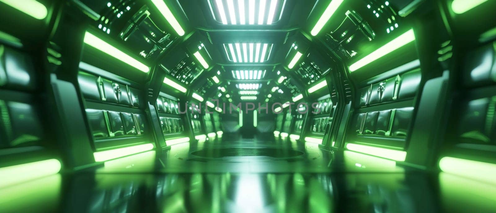 Sci Fi Tunnel on the Alien Spaceship. Glowing Metal Corridor with Cinematic Neon and Fluorescent Lights - shallow detail focus. 3D Rendering Futuristic Construction Space for Wallpaper and Background