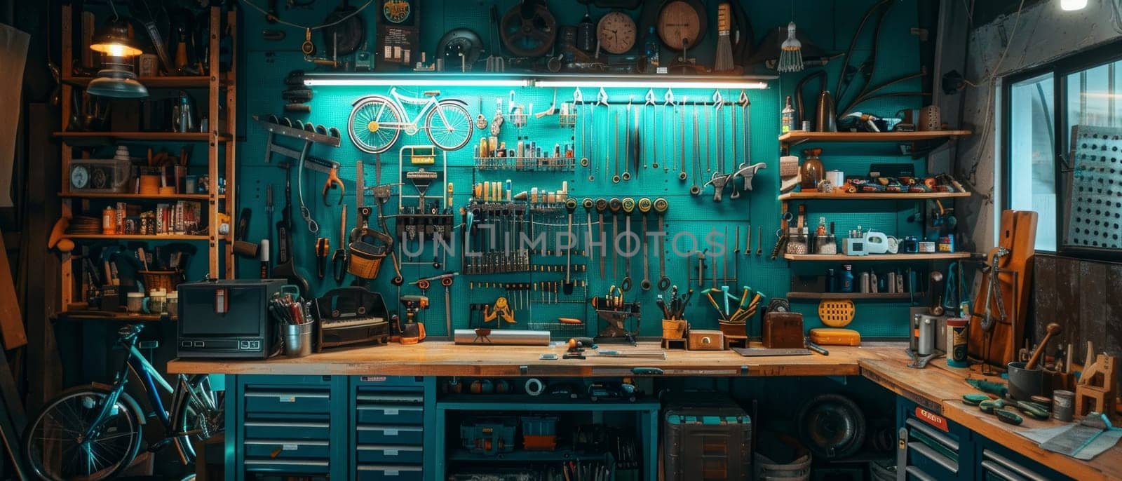 A well-equipped workshop with a bright teal pegboard, various tools, and a bike, showcasing a creative and organized space