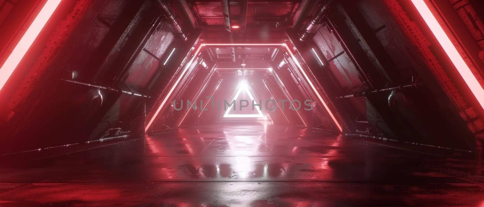 Sci Fi Tunnel on the Alien Spaceship. Glowing Metal Corridor with Cinematic Neon and Fluorescent Lights - shallow detail focus. 3D Rendering Futuristic Construction Space for Wallpaper and Background