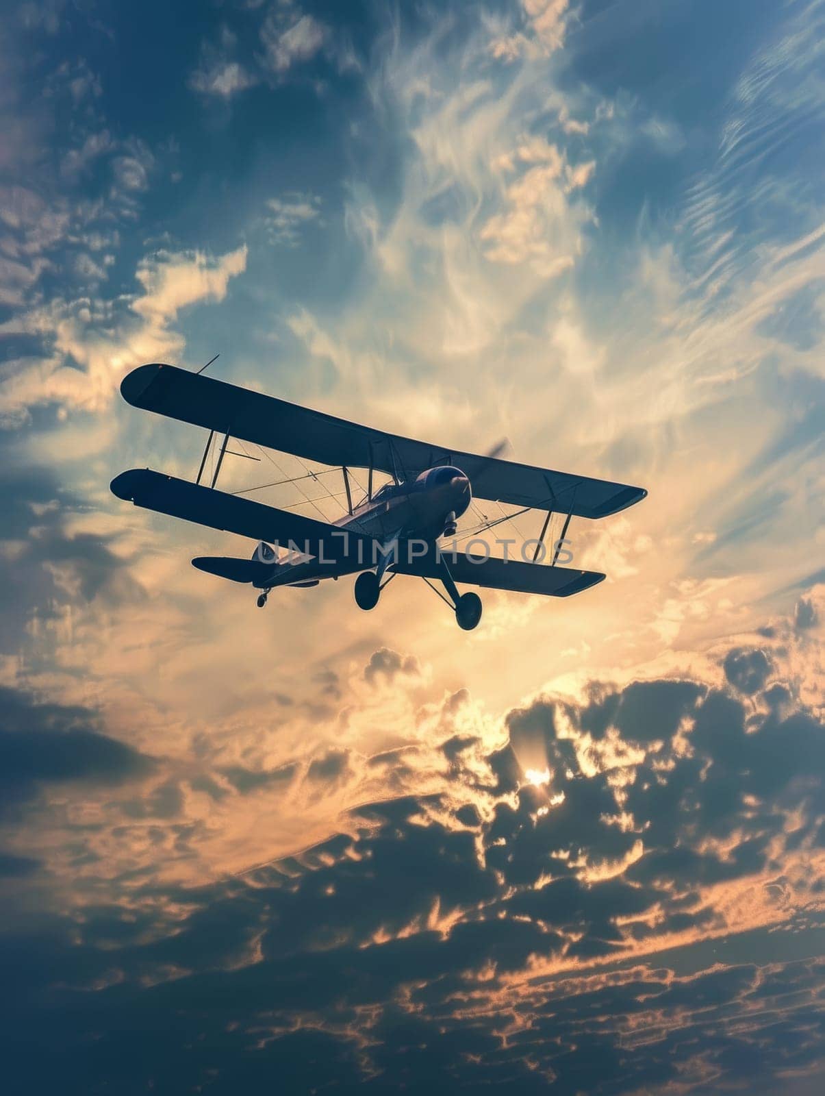 A vintage biplane glides in the sky, silhouetted against the radiant backdrop of a setting sun