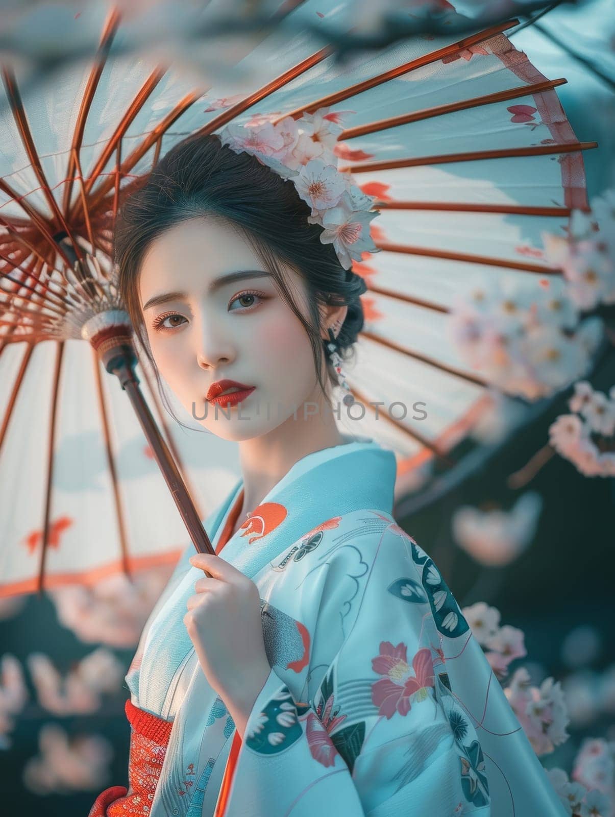 Graceful Geisha Amid Falling Cherry Petals.
